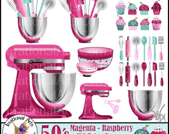 Magenta Raspberry 50s Kitchen Kitsch - with 55 PNG digital clipart graphics AND 25 JPG digital papers cupcakes whisk pizza cutter spatula