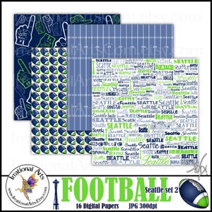 May include: A set of 16 digital papers featuring a football theme with a Seattle Seahawks color scheme. The papers include a football field pattern, a pattern of footballs, and a pattern of the word "Seattle" repeated in various sizes and orientations.