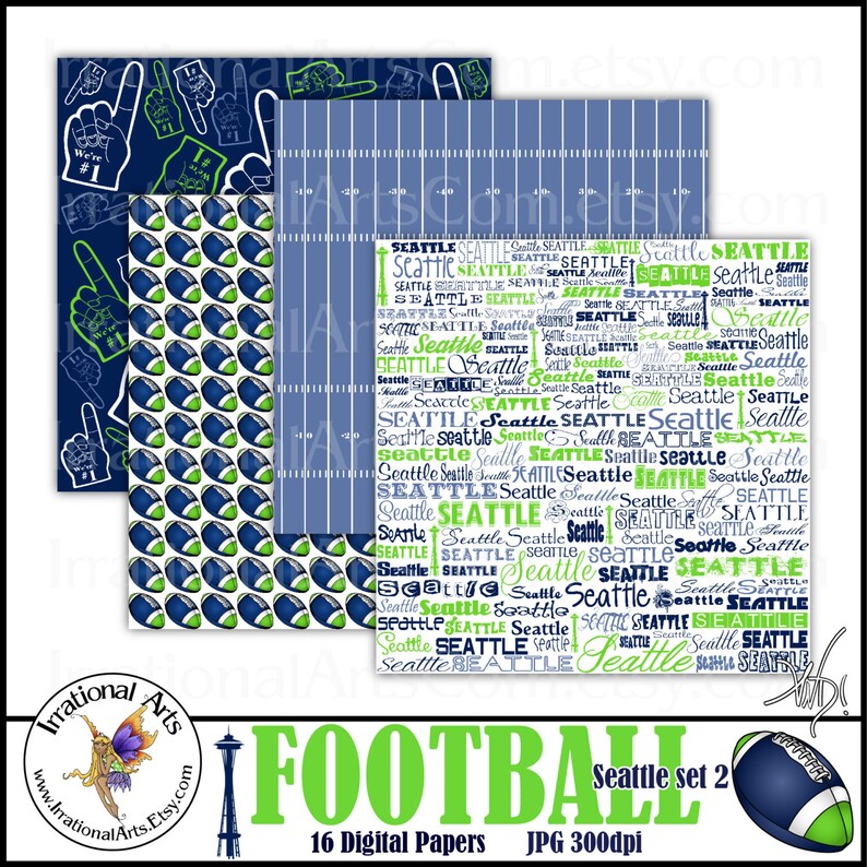 May include: A set of 16 digital papers featuring a football theme with a Seattle Seahawks color scheme. The papers include a football field pattern, a pattern of footballs, and a pattern of the word "Seattle" repeated in various sizes and orientations.