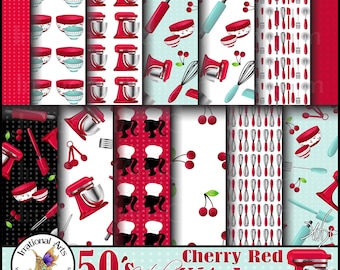 50's Kitsch Cherry Red and Aqua Kitchen set 1 - with 15 JPG Digital Papers bowl whisk rolling pin pizza cutter spatula teaspoons Stand Mixer