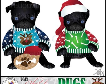 Pug Dog Ugly Christmas Sweater Graphics - 9 digital graphics adorable pugs holly snowman reindeer dog bones stockings {Instant Download}