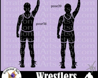 Wrestlers Silhouettes Male or Female Poses 38 and 39 - 2 EPS & SVG vector files, 2 PNG digital clipart graphic + scl wresting match winner
