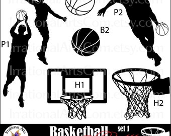 Basketball Silhouettes - with 7 PNG digital clipart graphics of players, hoops, basketballs {Instant Download}