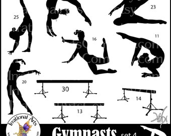 Female Gymnasts Silhouettes set 4 - with 17 png clipart graphics of female gymnasts on a balance beam {Instant Download}