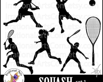 Squash Silhouettes set 1 - 7 PNG digital graphics players racket ball [Instant Download]