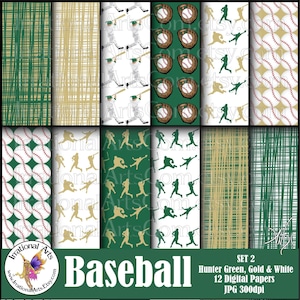 Papier numérique Baseball Hunter vert, or et blanc - avec 13 fichiers JPG silhouettes de joueurs {téléchargement instantané}