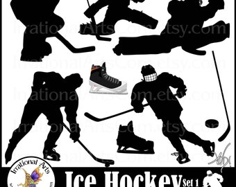 Ice Hockey set 1 -  with 9 PNG silhouettes digital clipart graphics + 1 colored skate goalie shooter puck hockey stick [ INSTANT DOWNLOAD ]