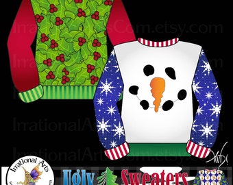 Ugly Christmas Sweaters set 1 - with 25 PNG digital graphics Rudolph holly snowman elf Santa gifts collage invitations INSTANT DOWNLOAD