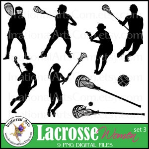 Conjunto de jogadores de lacrosse 3 mulheres - gráficos de clipart digital 9 arquivos PNG com jogadores, tacos de bola [DOWNLOAD INSTANTÂNEO]