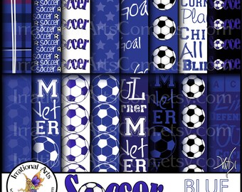 Soccer digital paper set 1 BLUE - with 16 JPG files soccer balls and terms (Instant Download)