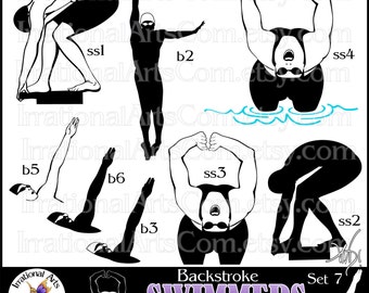 Swimmer Silhouettes Set 7 Backstroke - with 8 PNG clipart graphics swim swimming {Instant Download}