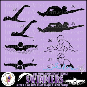 Schwimmer-Silhouetten Set 13 - mit 8 EPS & SVG Vinyl-bereiten Bildern und 8 PNG-Clipart-Grafiken mit scl