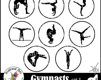 Female Gymnasts Silhouettes Set 3 - 4 inch circles of 8 png gymnastics clipart graphics {Instant Download}