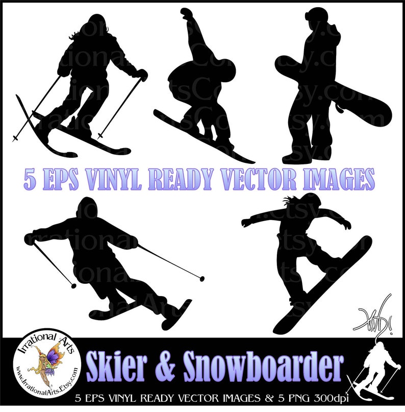 INSTANT DOWNLOAD Eps VINyL READY Vector Images of Skiing & Snowboarding Silhouettes 5 eps and 5 png graphics image 1