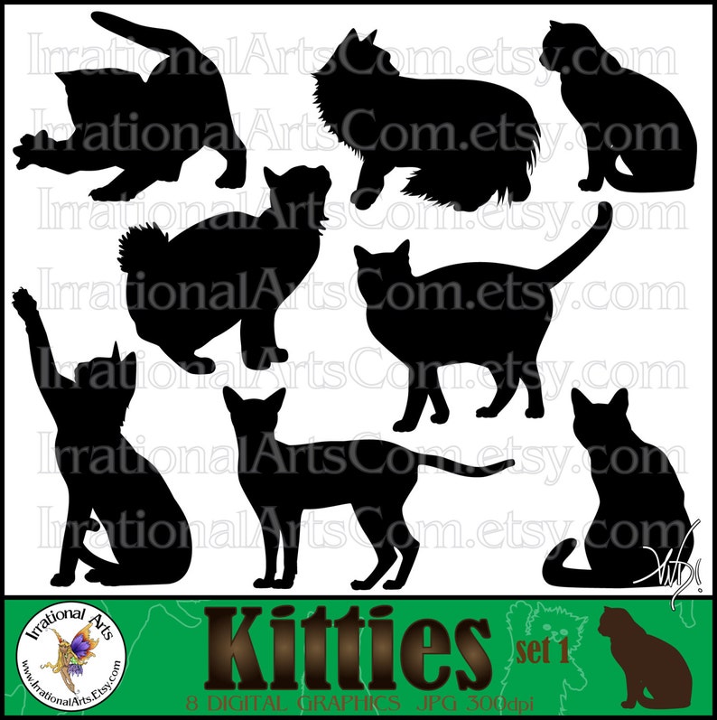 Kitties Silhouettes set 1 with 8 PNG digital clipart graphics with adorable Cat Silhouettes Instant Download image 1