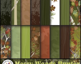 Mossy Wood Hunter Set 1 - 16 JPG files DIGITAL scrapbooking papers patterned with mossy oak trees and leaf camouflage {Instant Download}