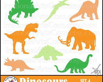 Dinosaur set 4 silhouettes - with 8 PNG digital clipart files T-Rex Woolly Mammoth pterodactyl stegosaurus brontosaurus [Instant Download]