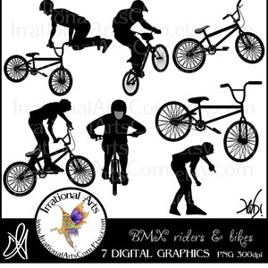 BMX Rider Silhouettes avec 7 fichiers PNG Digital Graphics Clip Art (Téléchargement instantané)