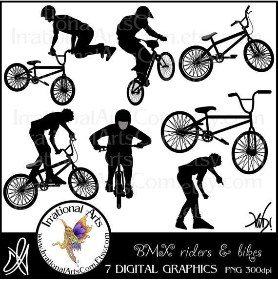 INSTANT DOWNLOAD BMX Rider Silhouettes Digital Graphics Clip Art 7 png files