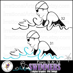 May include: Two black and white illustrations of swimmers in the stroke, freestyle. The swimmers are wearing swim caps and goggles. The water is depicted with blue lines. The text "Poses 31 & 32 SWIMMERS 2 Digital Graphics PNG 300dpi" is at the bottom of the image.