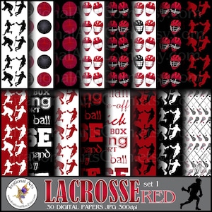 Lacrosse Papers RED Set 1 - mit 30 JPG Dateien mit Spielern, Sticks Ball Helm digital scrapbooking (Instant Download)