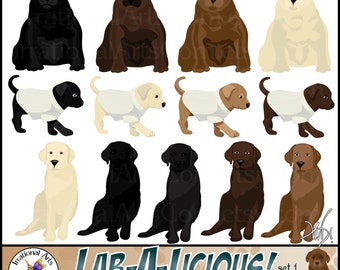 Lab a Licious Dog Graphics set 1 - con 14 PNG grafica digitale 8 cuccioli & 5 adulti nero e cioccolato famiglia di laboratorio (Download istantaneo)