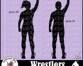 Wrestlers Silhouettes Male, Female, nonbinary Poses 40 and 41 - 2 EPS & SVG Vector, 2 PNG digital clipart graphic, scl wresting match winner