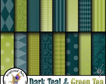 Dark Teal & Green Tea INSTANT DOWNLOAD Digital Scrapbooking Papers 16 jpg files Autumn Fall Harvest