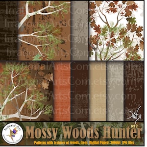 INSTANT DOWNLOAD Mossy Wood Hunter set 2 with 10 jpg files Digital scrapbooking papers Mossy oak trees leaves wood grains camo image 1