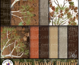 INSTANT DOWNLOAD Mossy Wood Hunter set 2 with 10 jpg files Digital scrapbooking papers Mossy oak trees leaves wood grains camo