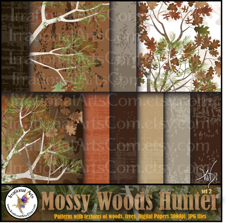 INSTANT DOWNLOAD Mossy Wood Hunter set 2 with 10 jpg files Digital scrapbooking papers Mossy oak trees leaves wood grains camo image 1