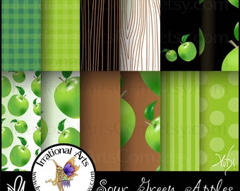 INSTANT DOWNLOAD Sour Green Apples 1 Digital Scrapbooking Papers 12 jpg files Sour Green and Brown Autumn colors