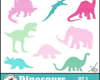 Dinosaur Sillhouettes Set 3 - PINK and TEAL and GREEN - 8 digital clipart png files {Instant Download}