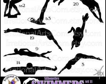 Swimmer Silhouettes Set 11 - with 8 PNG digital clipart graphics swim silhouette backstroke breaststroke freestyle diving {Instant Download}