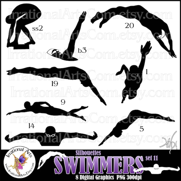 Swimmer Silhouettes Set 11 - with 8 PNG digital clipart graphics swim silhouette backstroke breaststroke freestyle diving {Instant Download}