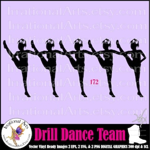 May include: Silhouette of five dancers in a line, all with their right leg extended to the side, wearing a bow on their head. The text "Drill Dance Team" is at the bottom of the image.