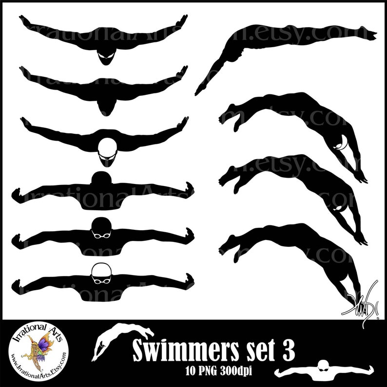 Male Swimmer Silhouettes Set 3 with 10 PNG clipart graphics Instant Download image 1