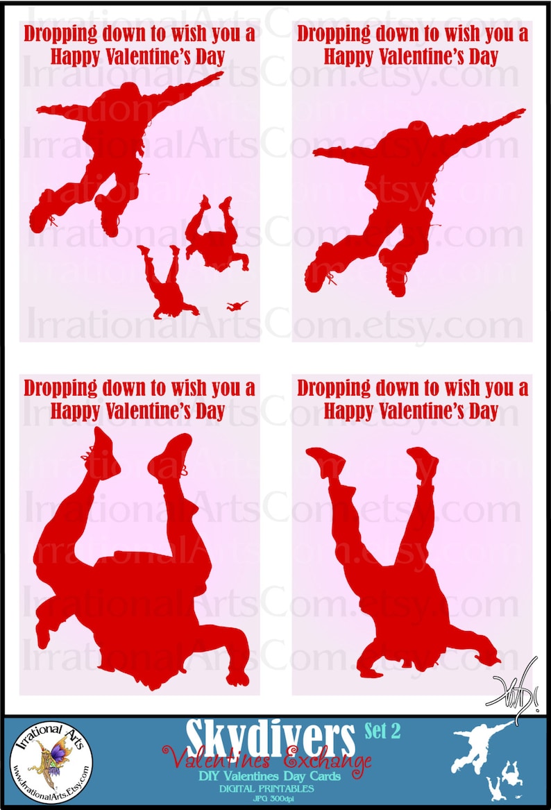 Sky Divers Valentines Day Cards Set 2 for Kids Class - Etsy