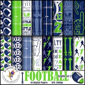 Seattle Football set 2 Digital Scrapbooking Papers - with 16 JPG files 300dpi Navy and Lime Green {Instant Download}
