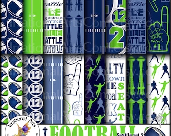 Seattle Football set 2 Digital Scrapbooking Papers - with 16 JPG files 300dpi Navy and Lime Green {Instant Download}