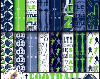 Seattle Football set 2 Digital Scrapbooking Papers - with 16 JPG files 300dpi Navy and Lime Green {Instant Download}