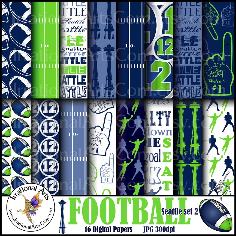 May include: A set of 16 digital papers featuring a Seattle Seahawks theme. The papers include various designs with footballs, the number 12, the Seattle Space Needle, and the words "Seattle" and "12th Man". The papers are in shades of blue, green, and white.