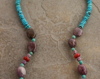 Kathmandu Necklace - Turquoise, Charoite, Coral & Sterling