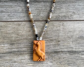 Boxwood horse carving necklace with Moss Agate