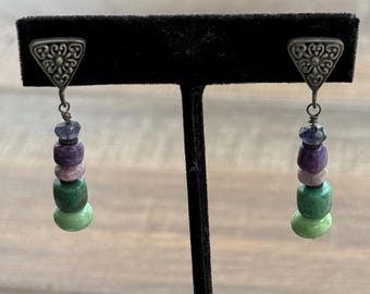 Meadows Dawn Earrings - Triangle Sterling Post with Iolite, Charoite and Turquoise Earrings