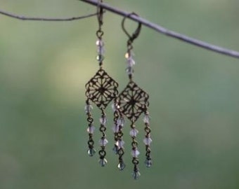 Five O'Clock Somewhere - Tapestry Chandelier Earrings - Vintage Brass and Swarovski Crystal