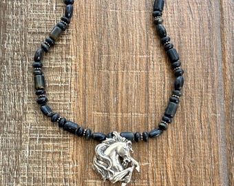 Dark Navy Tiger's Eye and Sterling Necklace with Sterling Silver Rearing Stallion Pendant