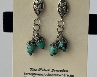 Desert Willow - Turquoise Dangle Earrings with Sterling Silver Leaf Motif Posts - Handmade Botanical Jewelry