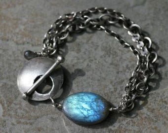 Sultry Moods - 3 sterling chains with large labradorite Bracelet