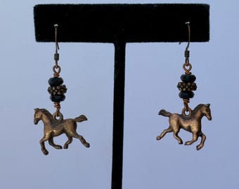 Copper and Onyx Galloping Horse Earrings - Equestrian Charm Dangles with Faceted Onyx Accents